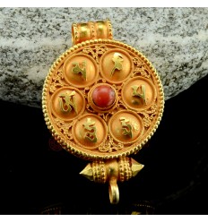 Fine Quality Om Mane Padme Hum Ghau / Pendant / Prayer Box Gold Plated Silver with Coral Stone from Patan, Nepal.