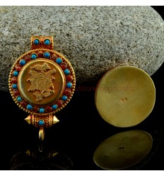 FINE QUALITY GOLD PLATED SILVER TURQUOISE CORAL STONES FLOWER GHAU GAU PRAYER BOX PENDANT FROM PATAN, NEPAL