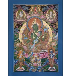 Fine Quality 41.75" x 28.5" Green Tara / Dolma Buddhist Tibetan Religious Thangka/Thanka Scroll Painting from Patan, Nepal