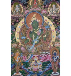 Fine Quality 41.75" x 28.5" Green Tara / Dolma Buddhist Tibetan Religious Thangka/Thanka Scroll Painting from Patan, Nepal