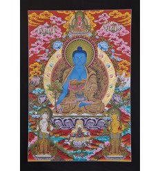 Fine Quality 46" x 35" Medicine Buddha / Menla Tibetan Buddhist Religious Scroll Thangka/Thanka Painting from Patan, Nepal