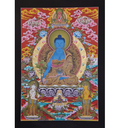 Fine Quality 46" x 35" Medicine Buddha / Menla Tibetan Buddhist Religious Scroll Thangka/Thanka Painting from Patan, Nepal
