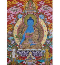 Fine Quality 46" x 35" Medicine Buddha / Menla Tibetan Buddhist Religious Scroll Thangka/Thanka Painting from Patan, Nepal