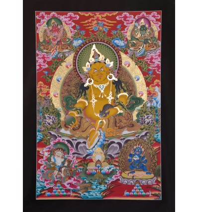 Fine Quality 42.25" x 29" Yellow Jambhala / Kubera Buddhist Tibetan Ritual Scroll Thangka/Thanka Painting From Patan, Nepal