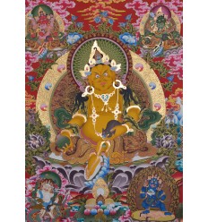 Fine Quality 42.25" x 29" Yellow Jambhala / Kubera Buddhist Tibetan Ritual Scroll Thangka/Thanka Painting From Patan, Nepal