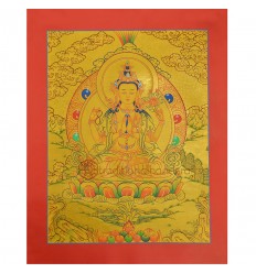 Gold 15.5" x 12"Chenrezig Thangka Painting
