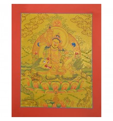 Gold 15.5" x 12.25" Lion Dzambhala / Vaishravana Thangka Painting