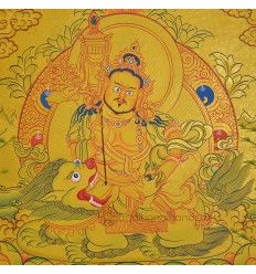Gold 15.5" x 12.25" Lion Dzambhala / Vaishravana Thangka Painting