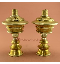 Fine Hand Carvings 12" Tibetan Buddhism Brass Butter / Ghee Lamps Set from Nepal.