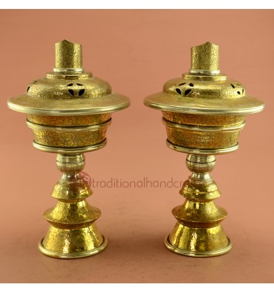 Fine Hand Carvings 12" Tibetan Buddhism Brass Butter Lamps Set from Nepal.