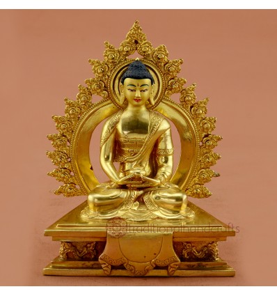 Fine Quality 7" Amitabha Buddha Gold Gilded with Face Painted Copper Statue from Patan, Nepal