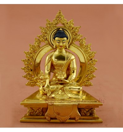 Fine Quality Lost Wax Method 7" Medicine Buddha Gold Gilded with Face Painted Copper Statue from Patan, Nepal