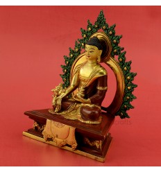 Fine Quality 7" Medicine Buddha Gold Gilded with Face Painted Copper Statue from Patan, Nepal