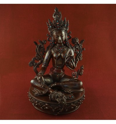 Hand Carved 13.5" Green Tara / Dolma Oxidized Copper Statue from Patan, Nepal