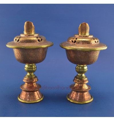 FINE QUALITY HAND CARVINGS 5.25" TIBETAN BUDDHISM COPPER ALLOY BRASS RINGS BUTTER LAMP SET FROM PATAN, NEPAL