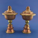 FINE QUALITY HAND CARVINGS 5.25" TIBETAN BUDDHISM COPPER ALLOY BRASS RINGS BUTTER LAMP SET FROM PATAN, NEPAL