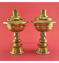 Fine Hand Carvings 6" Tibetan Buddhism Brass Butter / Ghee Lamps Set from Nepal.