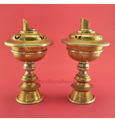 Fine Hand Carvings 6" Tibetan Buddhism Brass Butter / Ghee Lamps Set from Nepal.