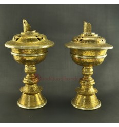 Fine Hand Carvings 6" Tibetan Buddhism Brass Butter / Ghee Lamps Set from Nepal.