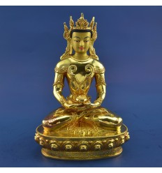 Finely Hand Carved 10.5" Crowned Amitabha Buddha Gold Gilded Face Painted Copper Statue Patan, Nepal