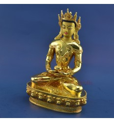 Finely Hand Carved 10.5" Crowned Amitabha Buddha Gold Gilded Face Painted Copper Statue Patan, Nepal