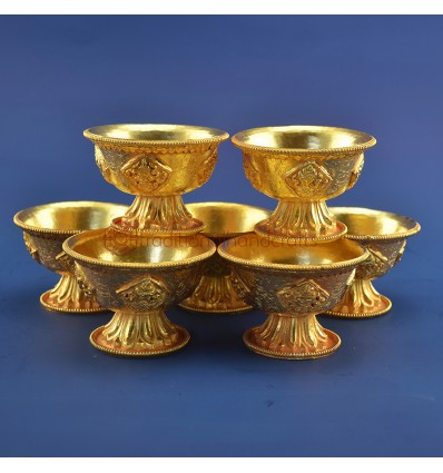 Gold Plated Finely Carved Tibetan Buddhist 3.25" Offering Bowls Set Patan, Nepal