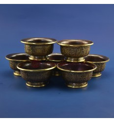 Oxidized Copper Alloy Gold Gilded Finely Carved Tibetan 4" Offering Bowls Set