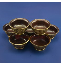 Oxidized Copper Alloy Gold Gilded Finely Carved Tibetan 4" Offering Bowls Set