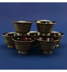 Oxidized Copper Alloy Golden Paint Finely Carved Tibetan 2.5" Offering Bowls Set