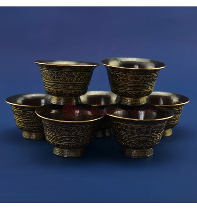 Oxidized Copper Alloy Golden Paint Finely Carved Tibetan 2.5" Offering Bowls Set