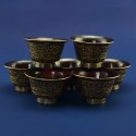 Oxidized Copper Alloy Golden Paint Finely Carved Tibetan 2.5" Offering Bowls Set