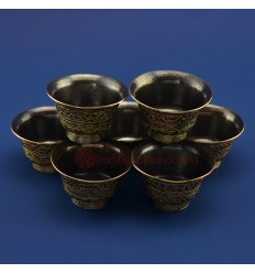Oxidized Copper Alloy Golden Paint Finely Carved Tibetan 2.5" Offering Bowls Set