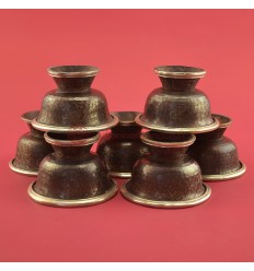 Oxidized Copper Alloy Silver Plated Finely Carved Tibetan 3.75" Offering Bowls Set