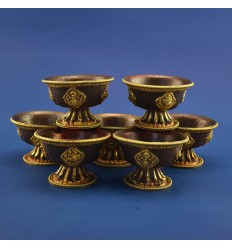 Gold Gilded Finely Carved Oxidized Copper Alloy Tibetan 3.25" Offering Bowls Set