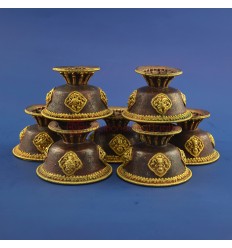 Gold Gilded Finely Carved Oxidized Copper Alloy Tibetan 3.25" Offering Bowls Set