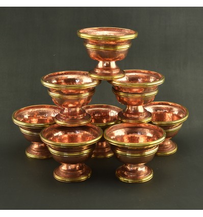 Hand Carved Copper Water 3" Offering Bowls Eight Bowls Set in Buddhist Altar Shrine