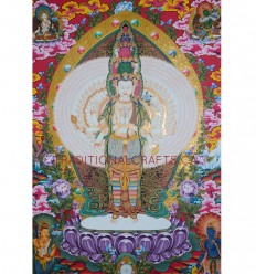 32.75" x 23" Avalokiteshvara Tibetan Buddhist Gold Thangka Scroll Painting Nepal