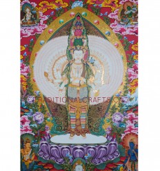 32.75" x 23" Avalokiteshvara Tibetan Buddhist Gold Thangka Scroll Painting Nepal