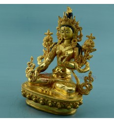 Fine Quality Hand Carved Gold Face Painted 8.5" White Tara Copper with Gold Gilded Statue From Patan, Nepal.