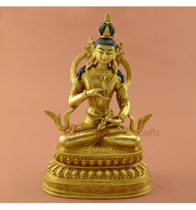 Hand Carved Face Painted 9.75" Vajrasattva DorjeSempa Gold Gilded Copper Statue