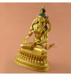 Hand Carved Face Painted 9.75" Vajrasattva DorjeSempa Gold Gilded Copper Statue