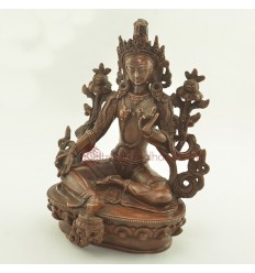 Fine Hand Carved 8.5" Green Tara/Dolma Oxidized Copper Statue From Patan, Nepal