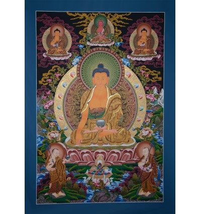 Fine Quality 42" x 29.25" Shakyamuni Buddha Tibetan Buddhist Thangka/Thanka Scroll Painting from Patan, Nepal