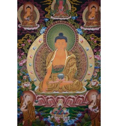 Fine Quality 42" x 29.25" Shakyamuni Buddha Tibetan Buddhist Thangka/Thanka Scroll Painting from Patan, Nepal