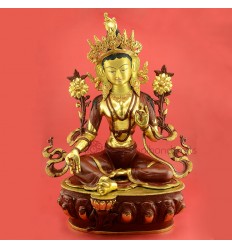 FINE QUALITY Hand Carved Gold Face Painted 24.75" Green Tara Copper Gold Gilded Statue from Patan, Nepal
