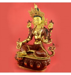 FINE QUALITY Hand Carved Gold Face Painted 24.75" Green Tara Copper Gold Gilded Statue from Patan, Nepal