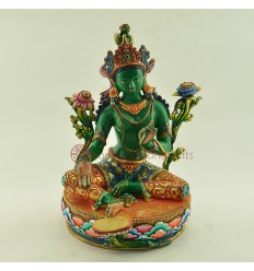 Fine Quality Gold Face Painted 9.5" Green Tara Colored Copper Statue From Patan