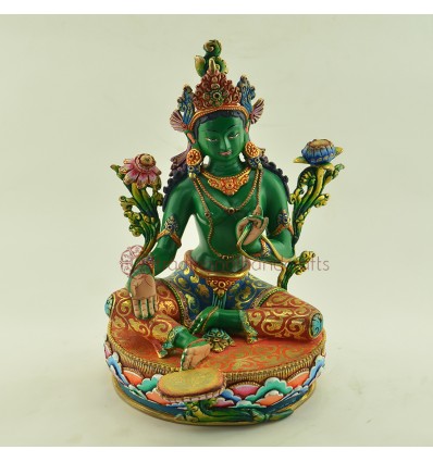 Fine Quality Gold Face Painted 9.5" Green Tara Colored Copper Statue From Patan
