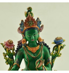 Fine Quality Gold Face Painted 9.5" Green Tara Colored Copper Statue From Patan