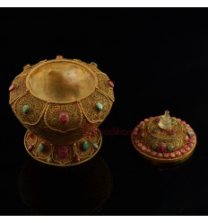 FINE QUALITY BUDDHIST TIBETAN RITUAL 7" RICE BOWL - GULPA WITH FINE HAND CARVINGS FROM PATAN, NEPAL